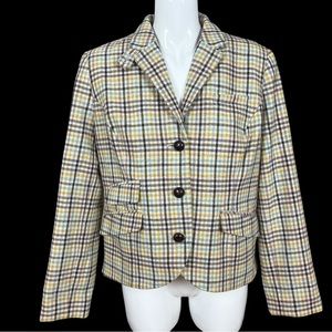 L.L. Bean Beige Plaid Wool Blend Button Front Tweed Blazer Size 14